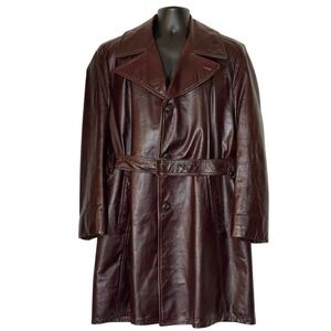 Lakeland Vintage Men's Leather Trench Coat Burgundy Oxblood Belted Car Coat 44